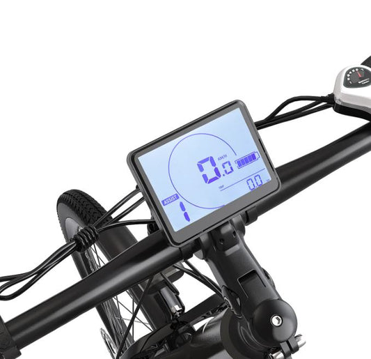 3.5-inch color LCD display on an e-bike showing speed and battery level.