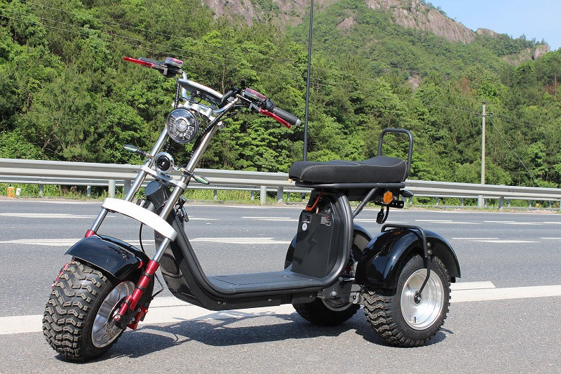A black three-wheeled electric dirt bike with red accents, parked on an asphalt road with a green forest and rocky mountains in the background.