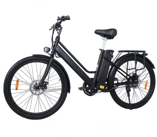 Dual motor electric scooter with 10-inch air-filled tires and aluminum frame.