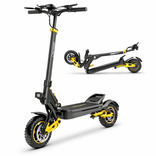 Dual motor electric scooter with 10-inch air-filled tires and aluminum frame.