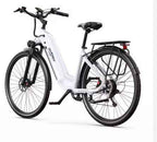 Close-up of front hydraulic disc brake on a black commuter e-bike.